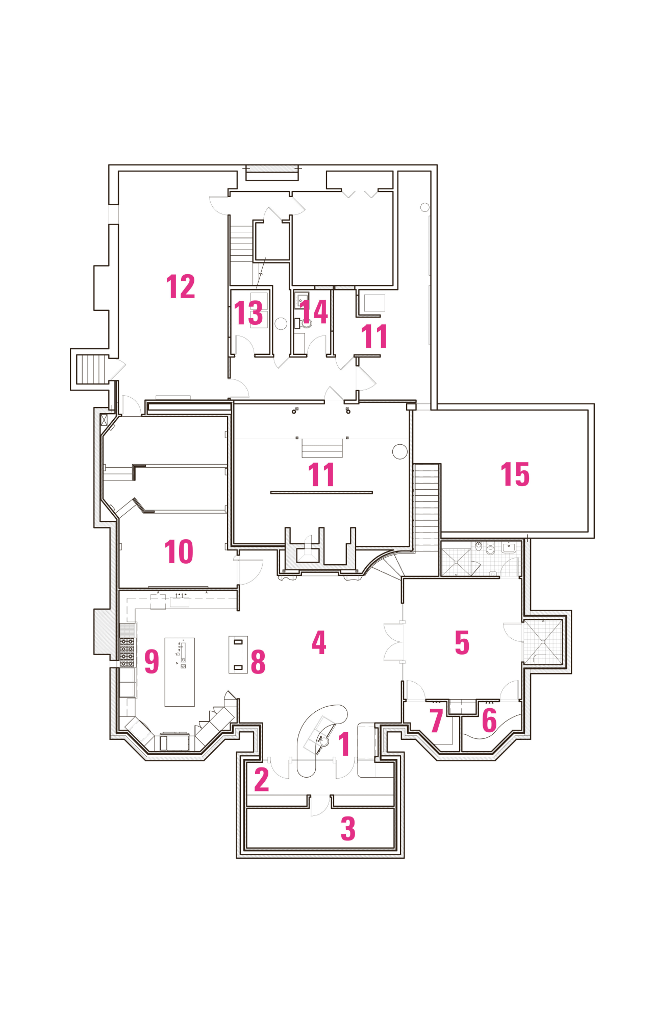 Legend to plan: 1 bar, 2 wine cellar, area, design, diagram, floor plan, line, plan, product, product design, white