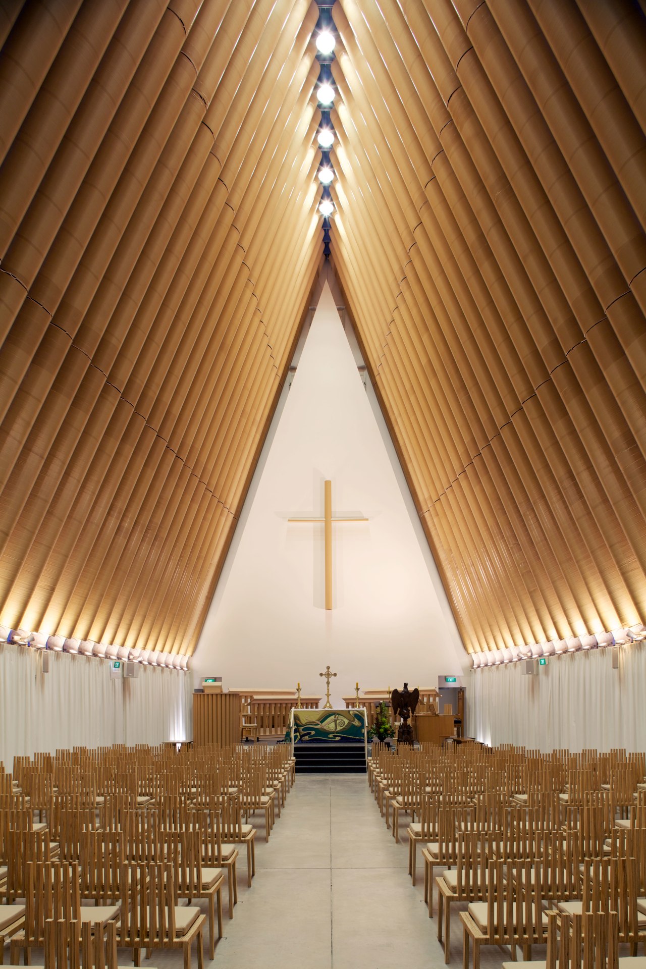 Resene paints feature throughout the new Christchurch Transitional aisle, architecture, ceiling, chapel, daylighting, function hall, interior design, place of worship, symmetry, wood, brown