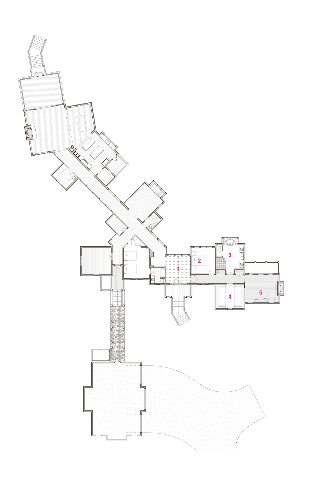 Legend to plan of master suite: 1 foyer, angle, architecture, area, design, diagram, drawing, floor plan, line, plan, product, product design, structure, white