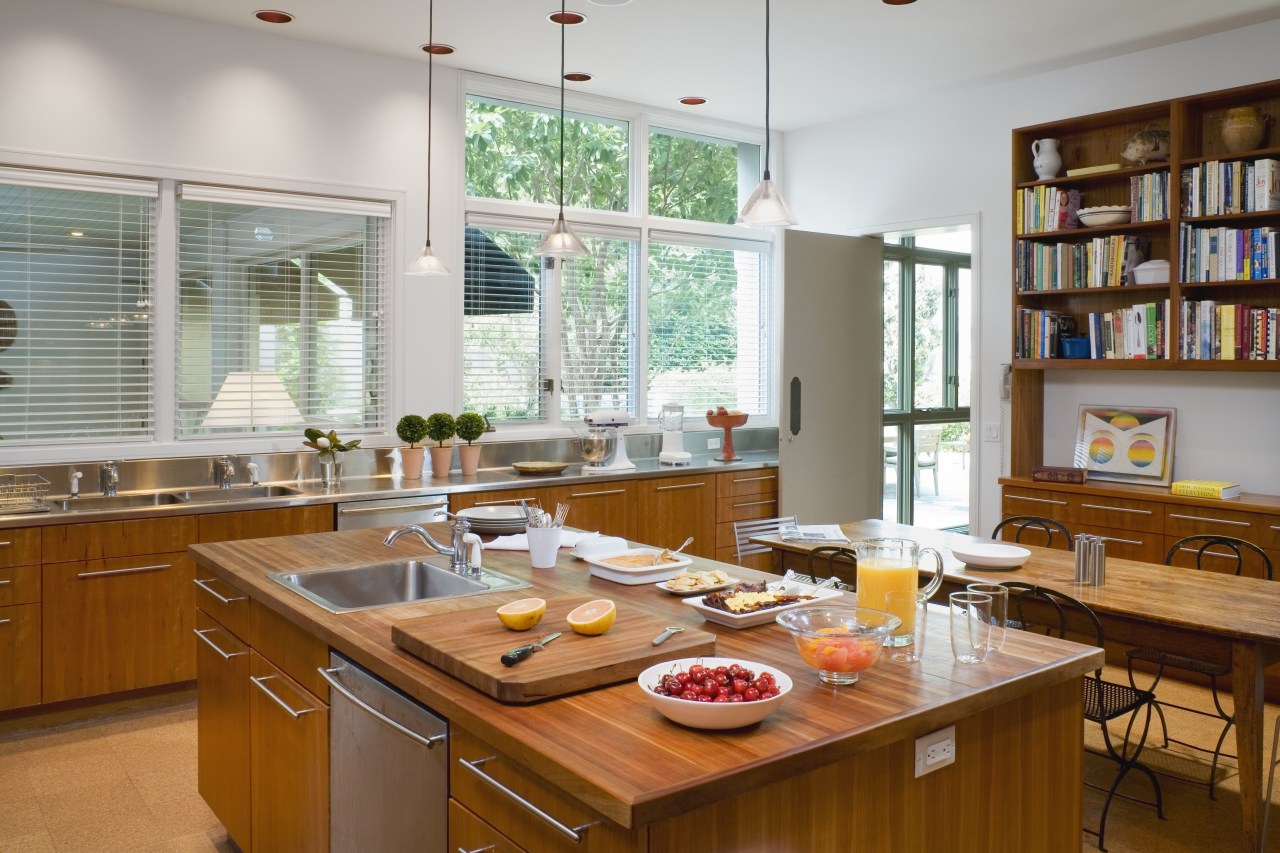 Three different countertop materials feature in this kitchen, countertop, interior design, kitchen, room, window, gray, brown