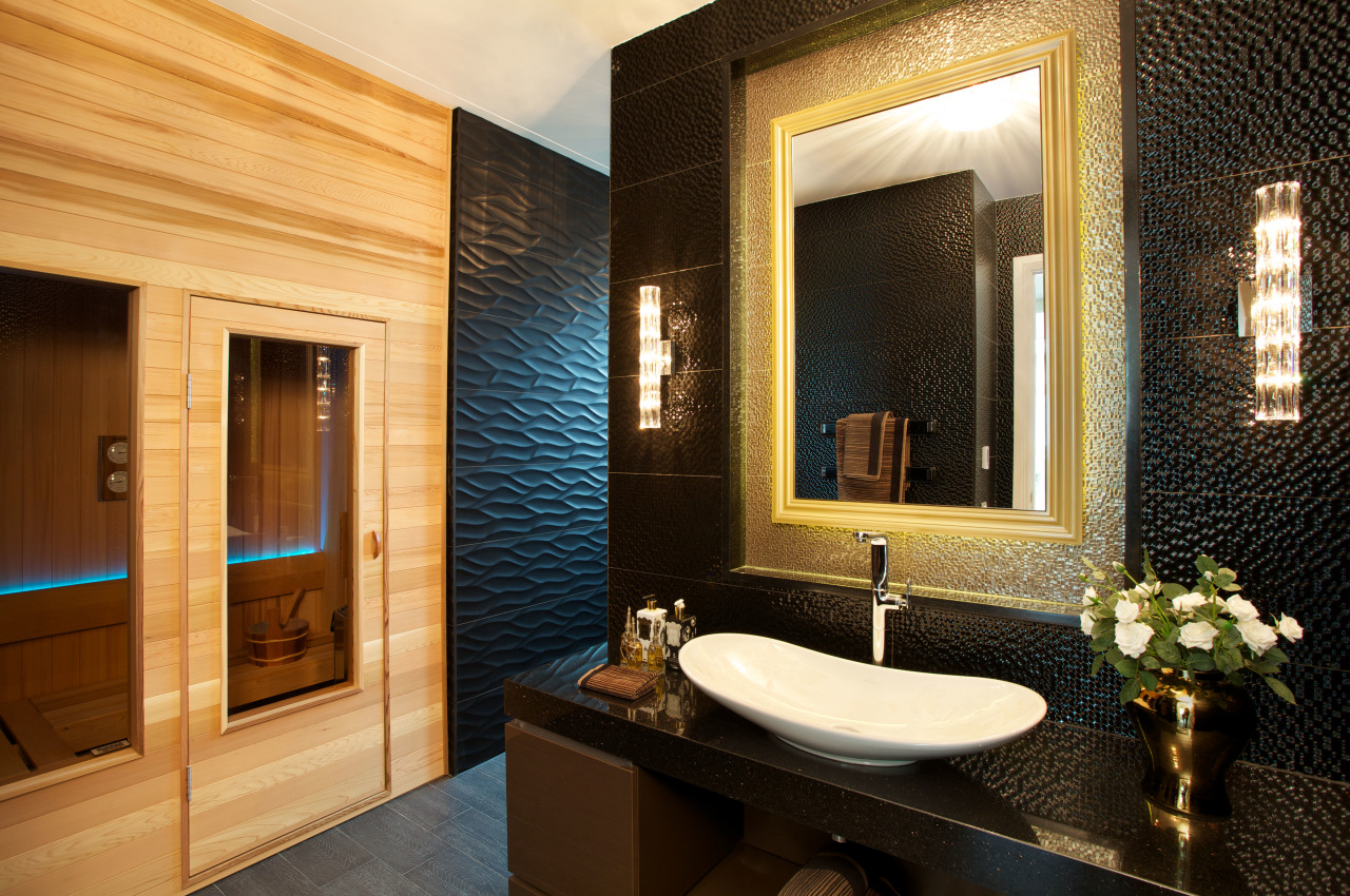 Textural tiles in gold framing the recessed mirror bathroom, estate, home, interior design, room, orange, brown