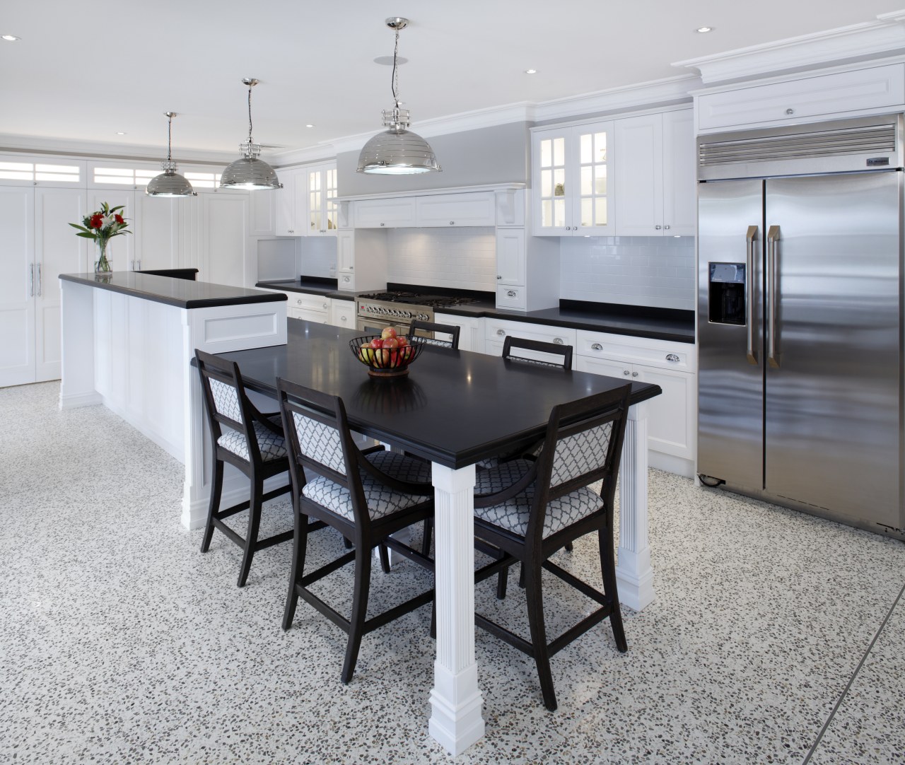 Hamptons-style kitchen by Wonderful Kitchens countertop, dining room, floor, flooring, interior design, kitchen, real estate, table, gray
