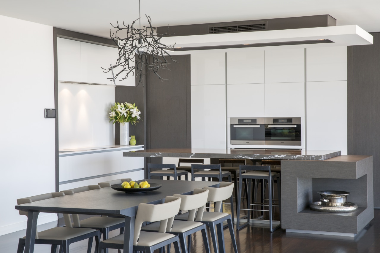 Contemporary kitchen with marble benchtop interior design, kitchen, table, white