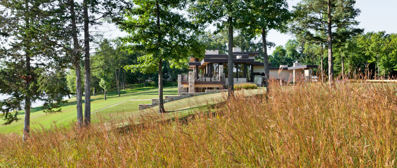 Modern lakeside home cottage, estate, grass, home, house, land lot, nature reserve, property, real estate, tree, brown