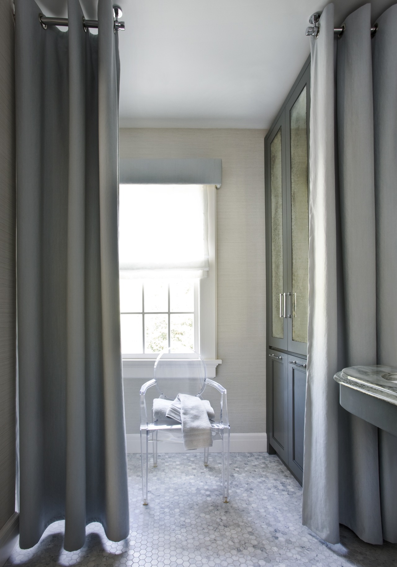 Soft grey drapes can be pulled to conceal curtain, home, interior design, room, textile, window, window covering, window treatment, gray, black