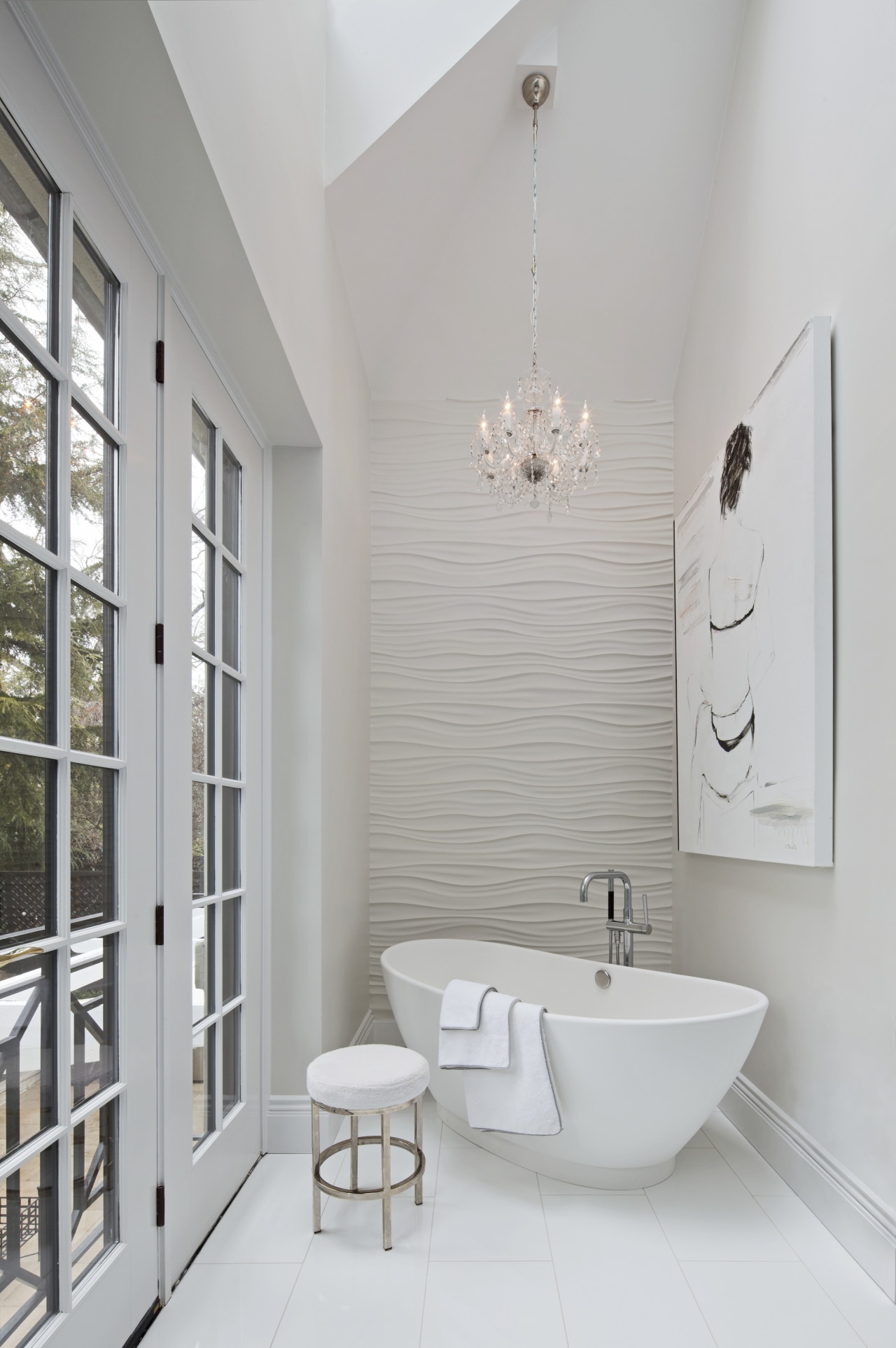 A sculptural freestanding tub sits beside the French bathroom, bathroom accessory, floor, home, interior design, plumbing fixture, product design, room, sink, tap, gray