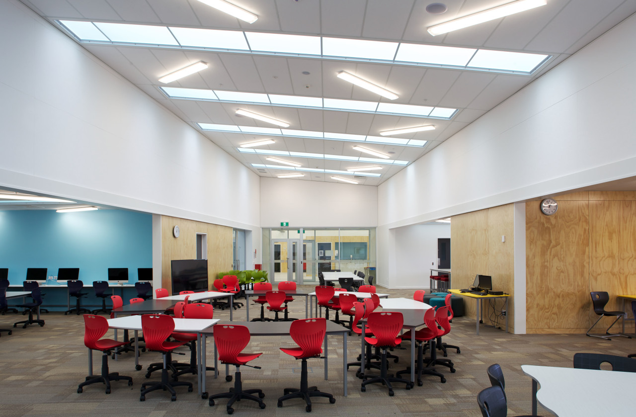 Hobsonville schools,  steel skeletons by George Grant Engineering cafeteria, ceiling, classroom, conference hall, daylighting, institution, interior design, table, gray, white