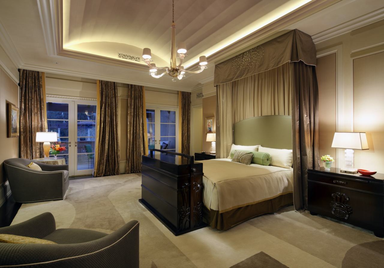 Custom design gives this master suite a lavish bedroom, ceiling, estate, interior design, room, suite, brown, black