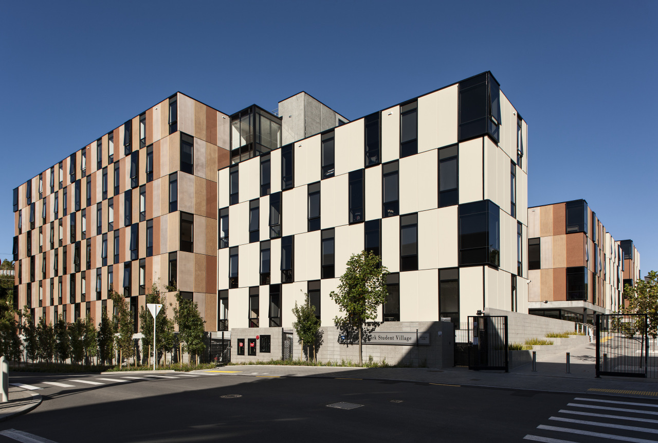 Carlaw Park Student Village in Auckland accommodates students apartment, architecture, building, commercial building, condominium, corporate headquarters, daytime, elevation, facade, home, house, metropolis, metropolitan area, mixed use, neighbourhood, property, real estate, residential area, sky, tower block, urban design, black, blue