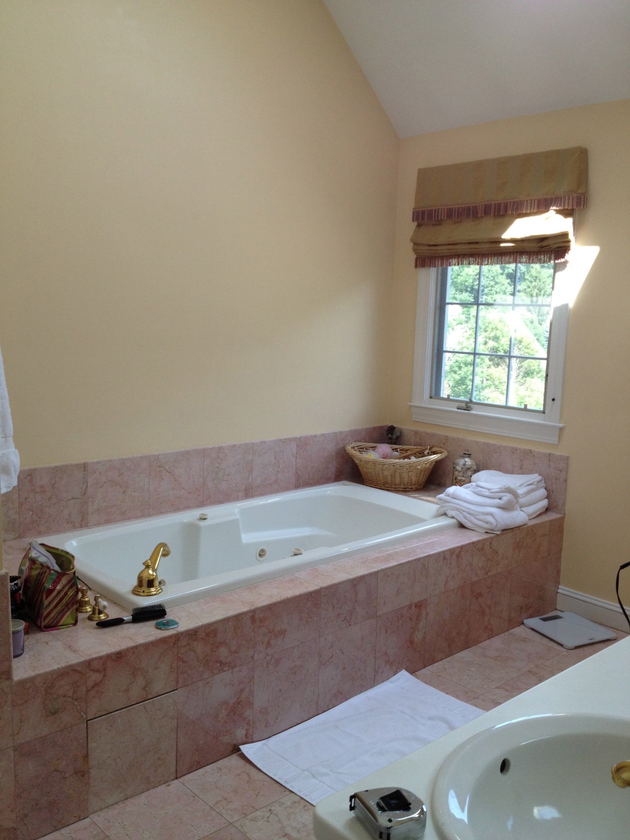 Tranquil, private bathroom sanctuary bathroom, bathtub, floor, flooring, home, house, interior design, plumbing fixture, property, room, sink, tile, wall, window, gray