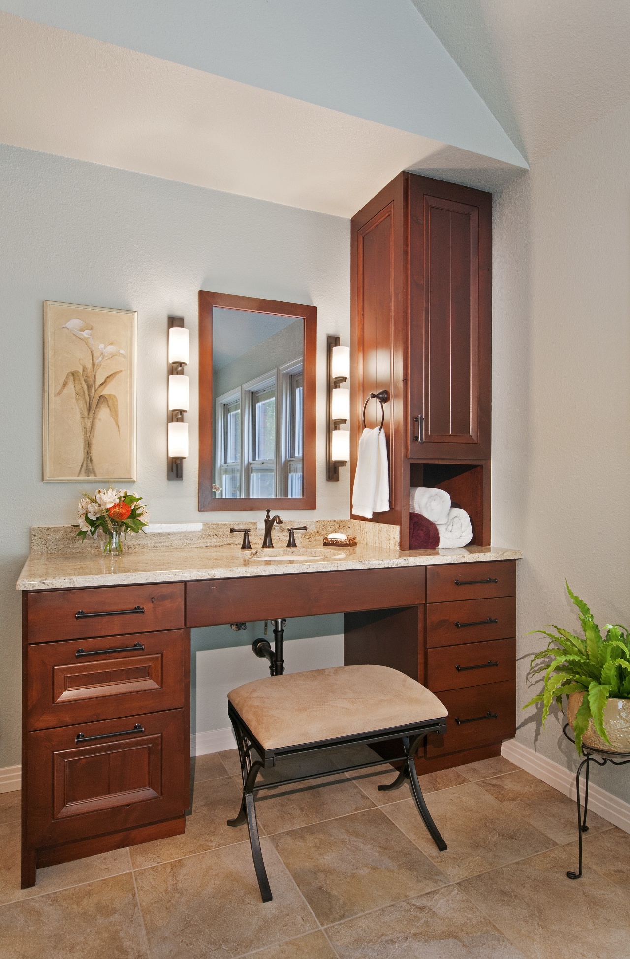 One of the vanities in this remodeled bathroom cabinetry, chest of drawers, countertop, cuisine classique, floor, furniture, home, interior design, kitchen, room, table, gray