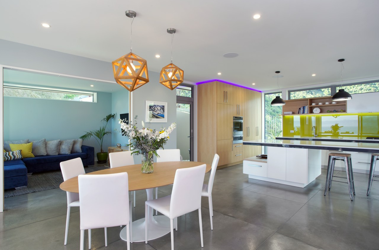 The interiors of this eco-friendly home are calm ceiling, dining room, house, interior design, real estate, room, table, gray