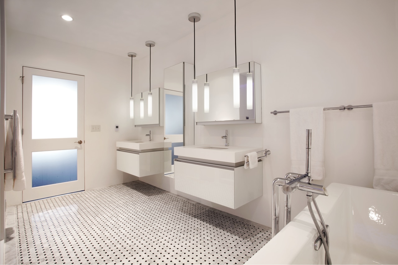 This new bathroom in a loft-style apartment in bathroom, bathroom accessory, floor, home, interior design, plumbing fixture, product design, room, sink, tap, gray