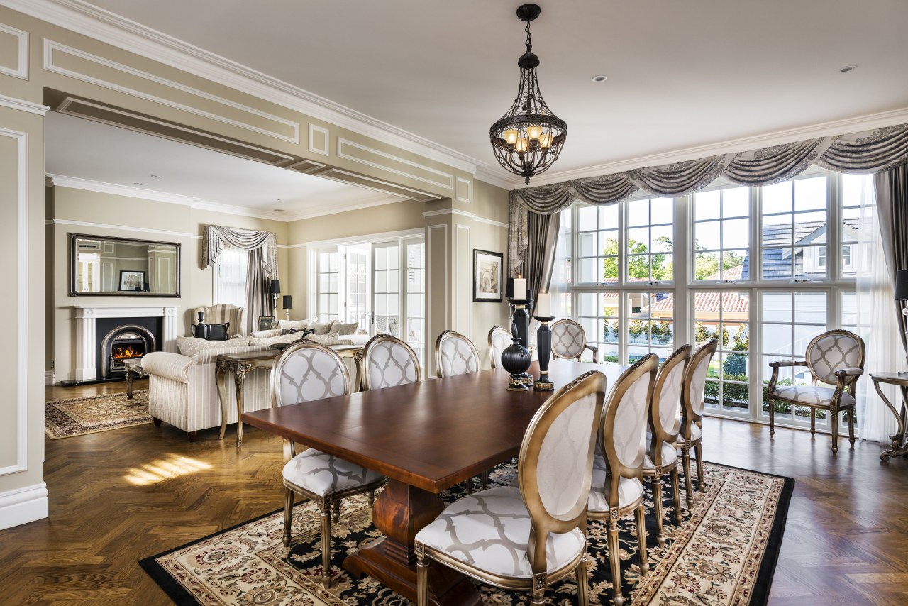 Soft neutral tones and gold-painted furniture enliven this ceiling, dining room, estate, home, interior design, living room, property, real estate, room, gray