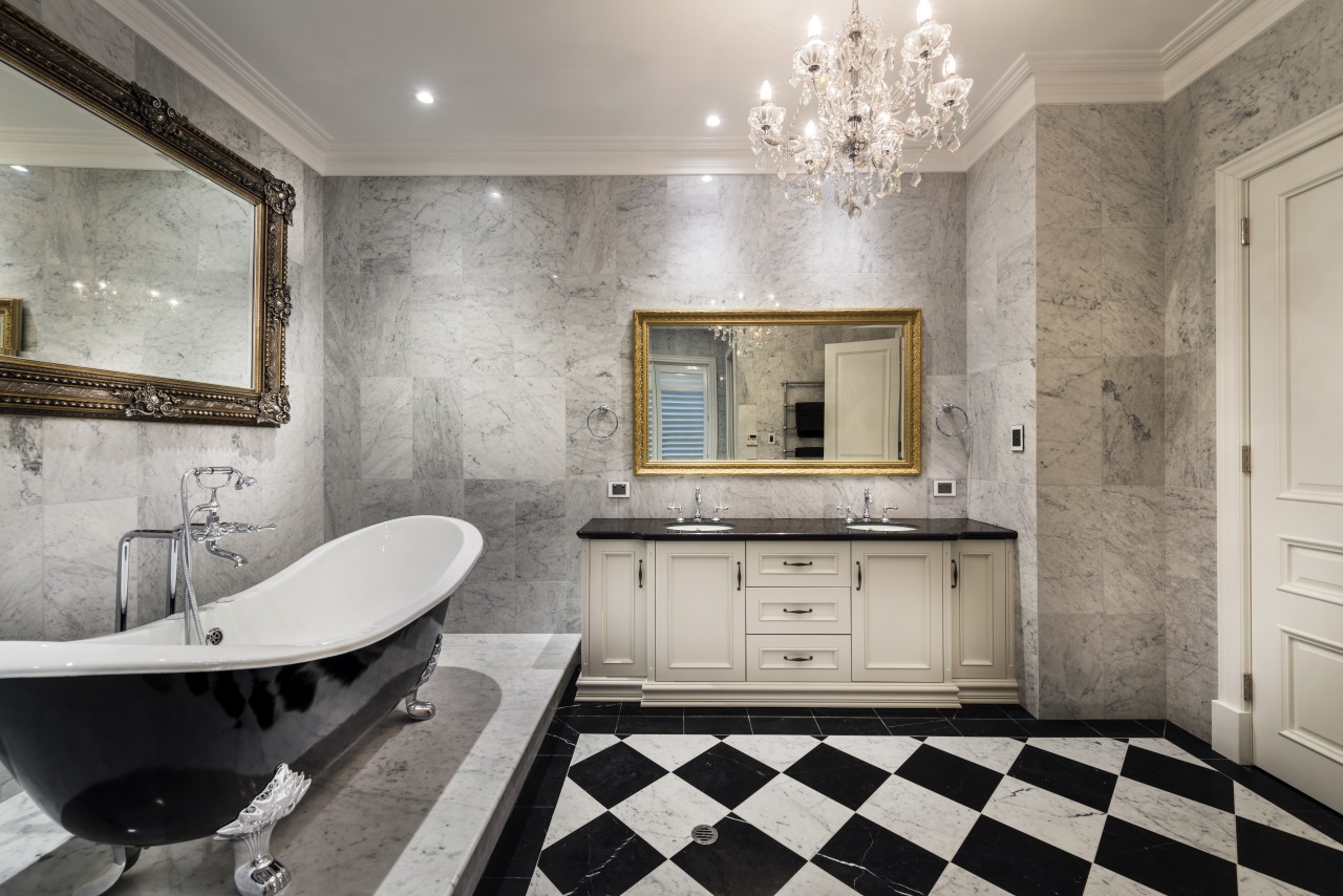 Luxuriating in the bathroom is even more relaxing bathroom, countertop, floor, flooring, home, interior design, room, tile, wall, gray