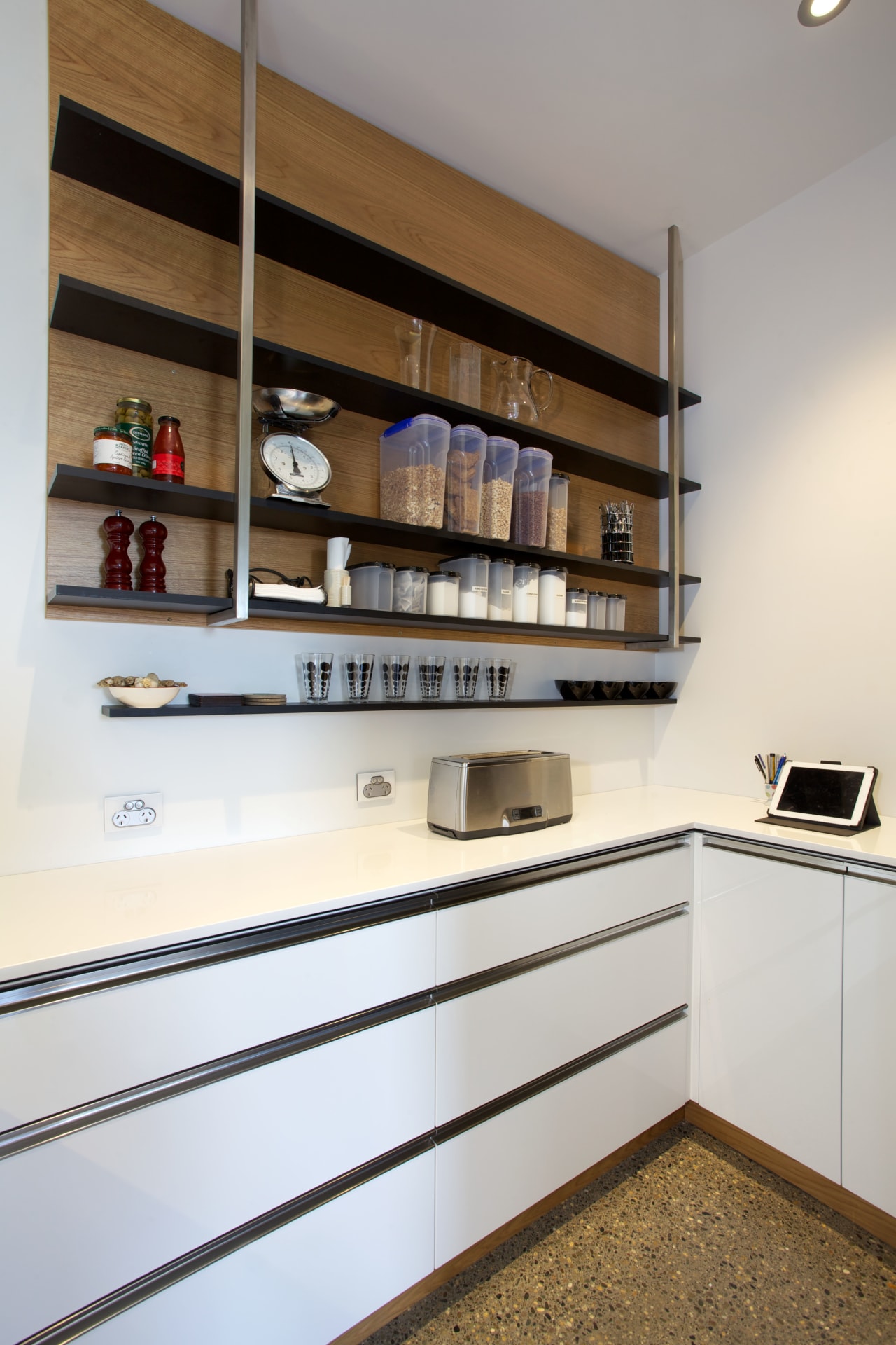 This scullery is an extension of a award-winning cabinetry, furniture, interior design, kitchen, shelf, shelving, white