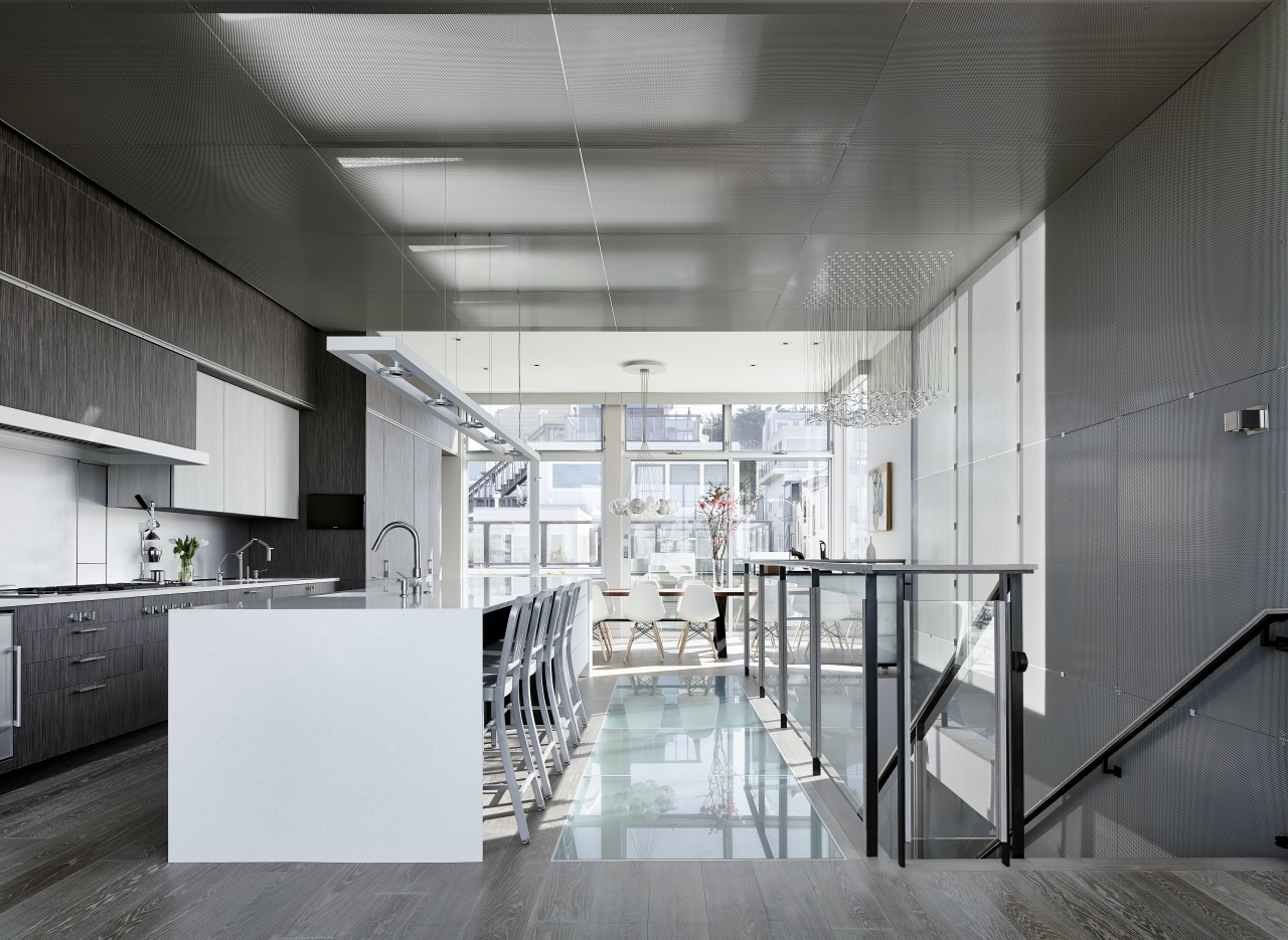 Natural light travels through the metal screen from architecture, ceiling, daylighting, floor, interior design, kitchen, loft, real estate, white, gray, black