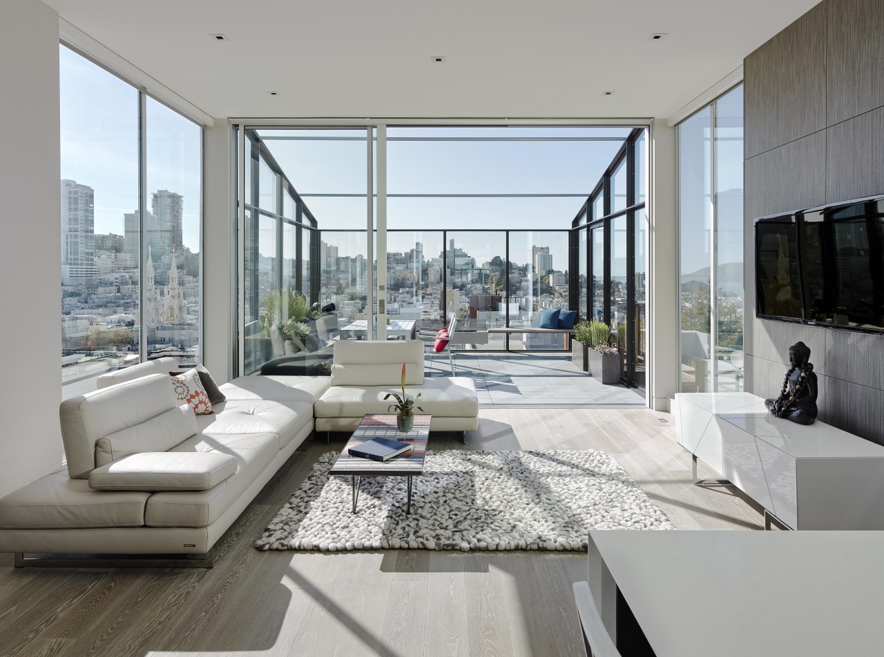 Floor-to-ceiling glass walls encircle one end of the apartment, architecture, condominium, house, interior design, living room, penthouse apartment, property, real estate, window, gray