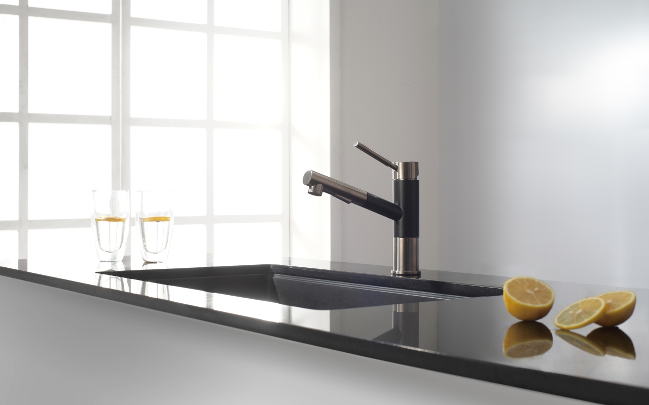 Geo Series faucets have a dual-function sprayhead and furniture, plumbing fixture, product design, sink, tap, white