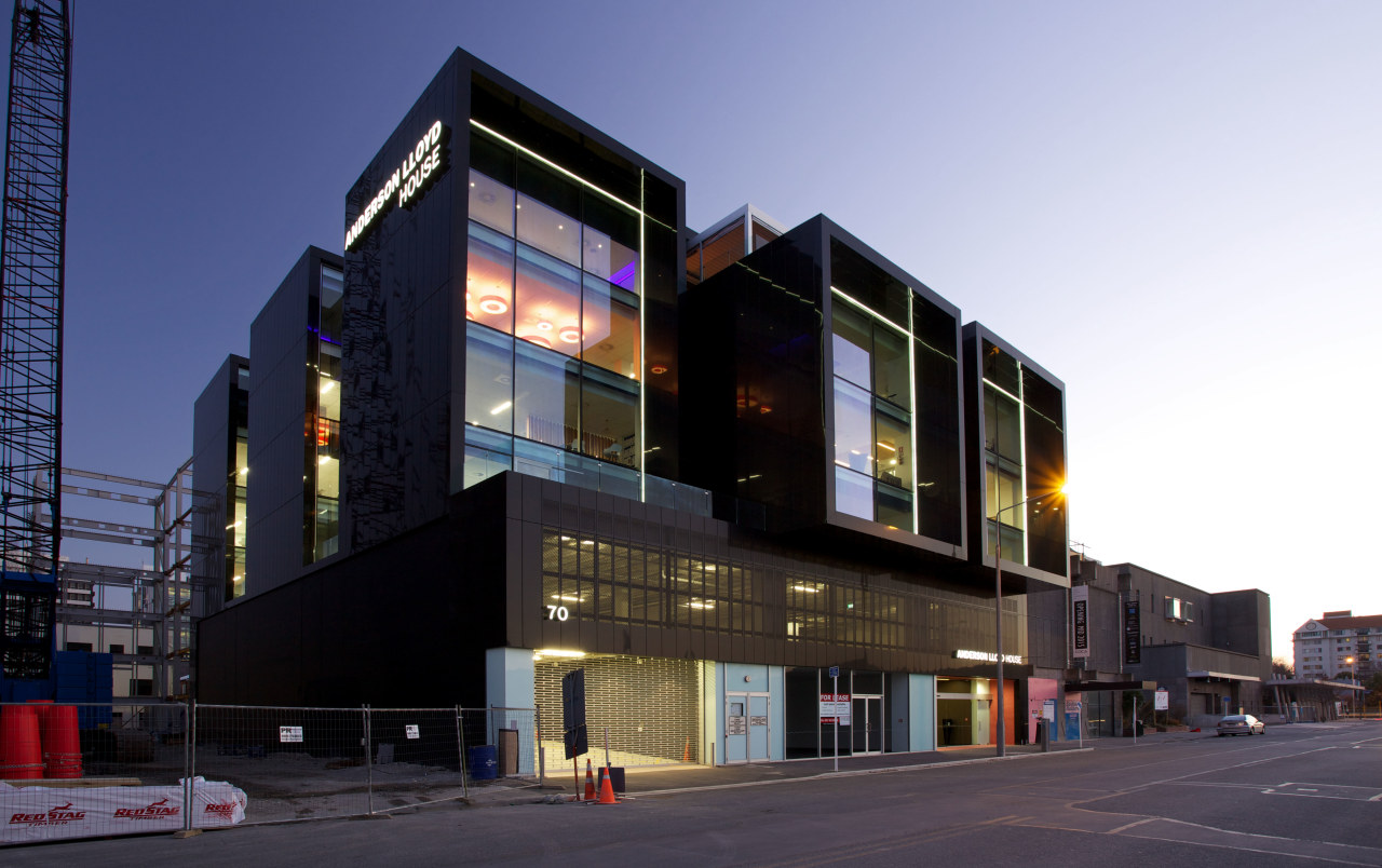 Anderson Lloyd House, a post-earthquake building in the apartment, architecture, building, commercial building, condominium, corporate headquarters, elevation, facade, home, house, metropolis, mixed use, neighbourhood, real estate, black