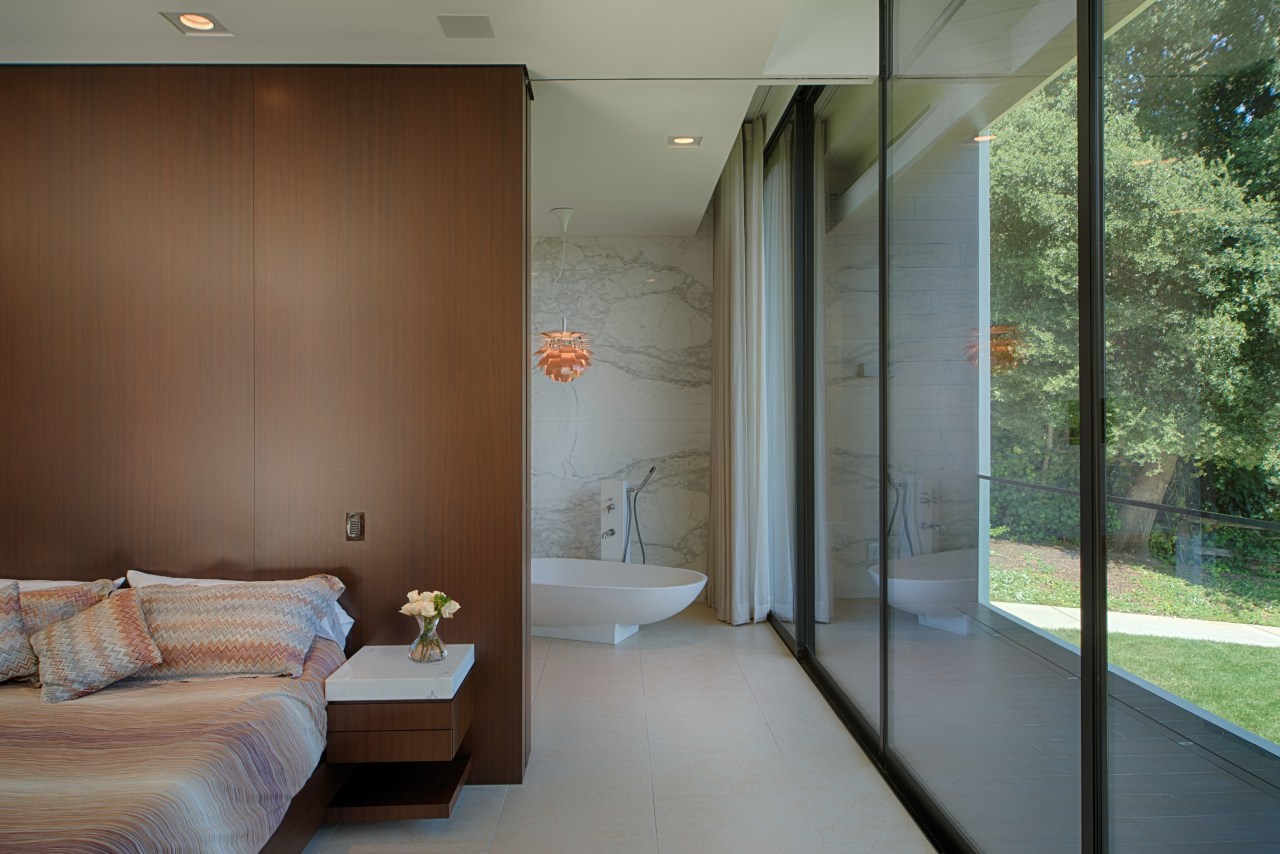 The bedroom and bathroom both enjoy the views architecture, ceiling, door, home, house, interior design, real estate, window, gray, brown