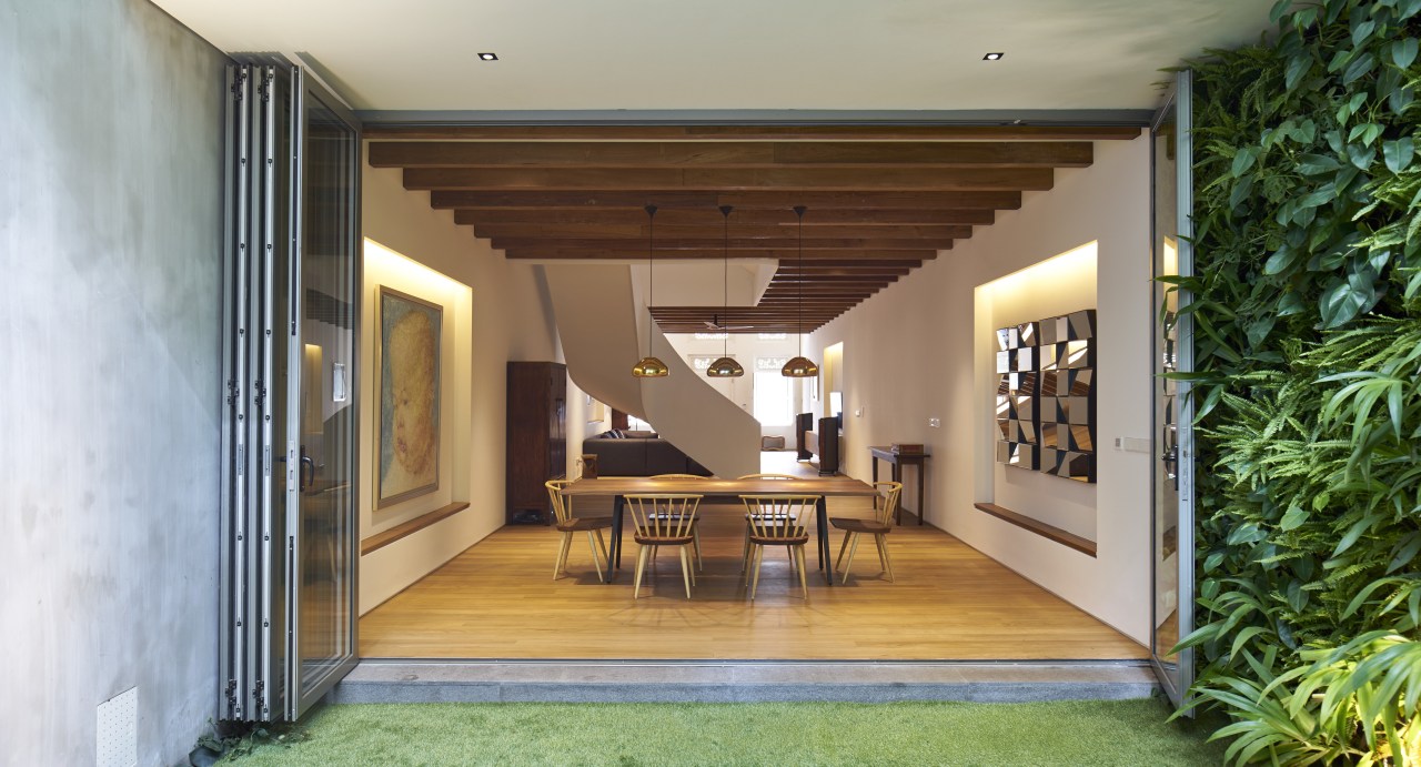 This internal courtyard in a remodelled Singapore shophouse architecture, door, estate, home, house, interior design, property, real estate, window, gray