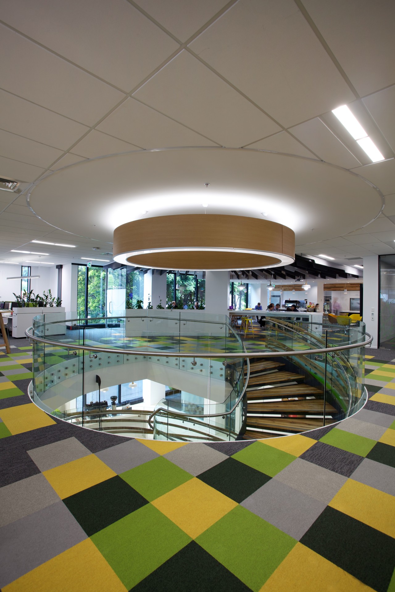 Colourful carpet tiles in the new BP office architecture, ceiling, daylighting, floor, interior design, leisure centre, lobby, gray