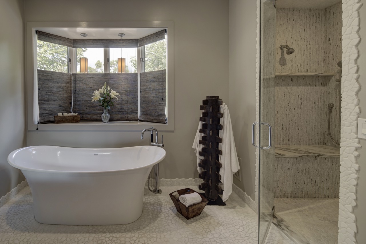 Textural white rock features on the floor of bathroom, floor, flooring, home, interior design, plumbing fixture, room, tile, window, gray