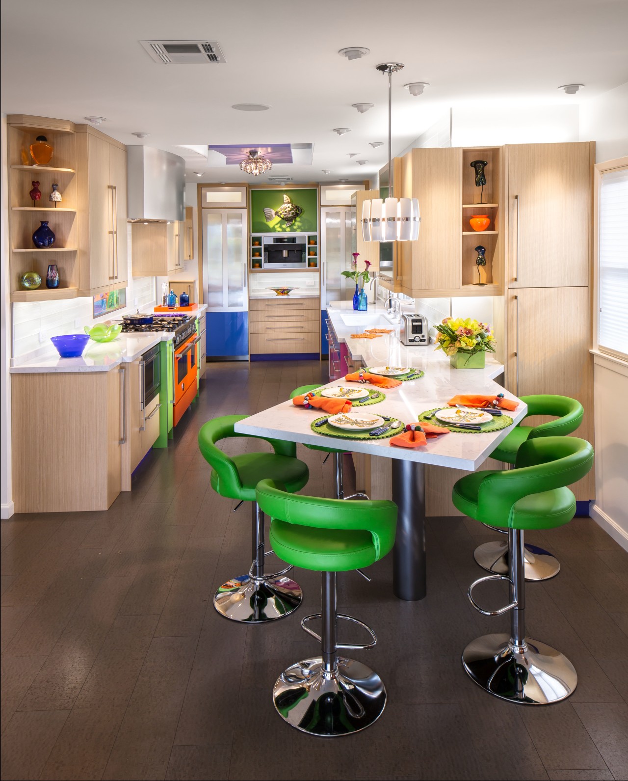 An angled breakfast table maximizes space in the countertop, interior design, kitchen, room, table, white