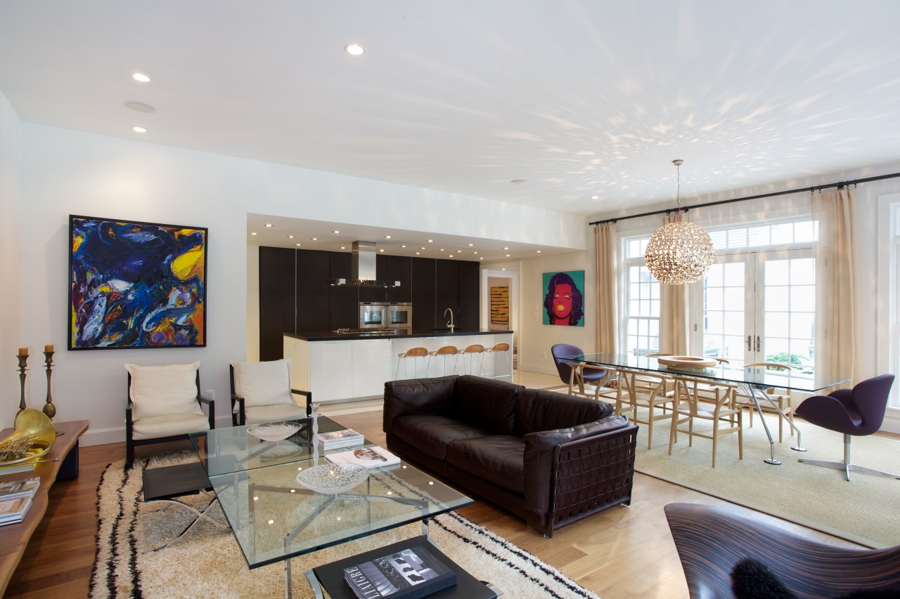 The owners' existing art collection was a starting ceiling, interior design, living room, property, real estate, room, gray, white