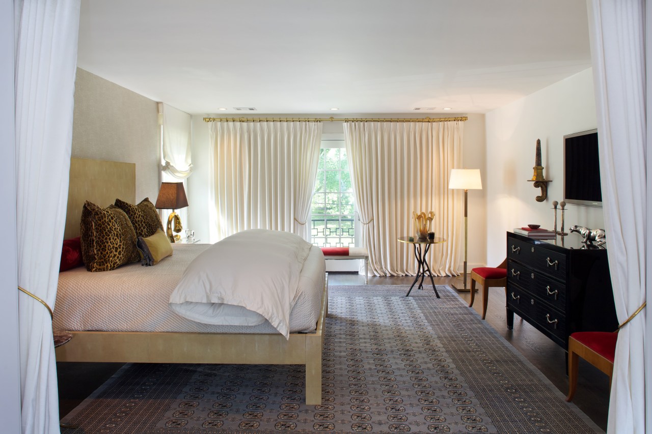 This master bedroom is in a home that bedroom, ceiling, curtain, floor, furniture, home, interior design, property, real estate, room, suite, window, window treatment, gray