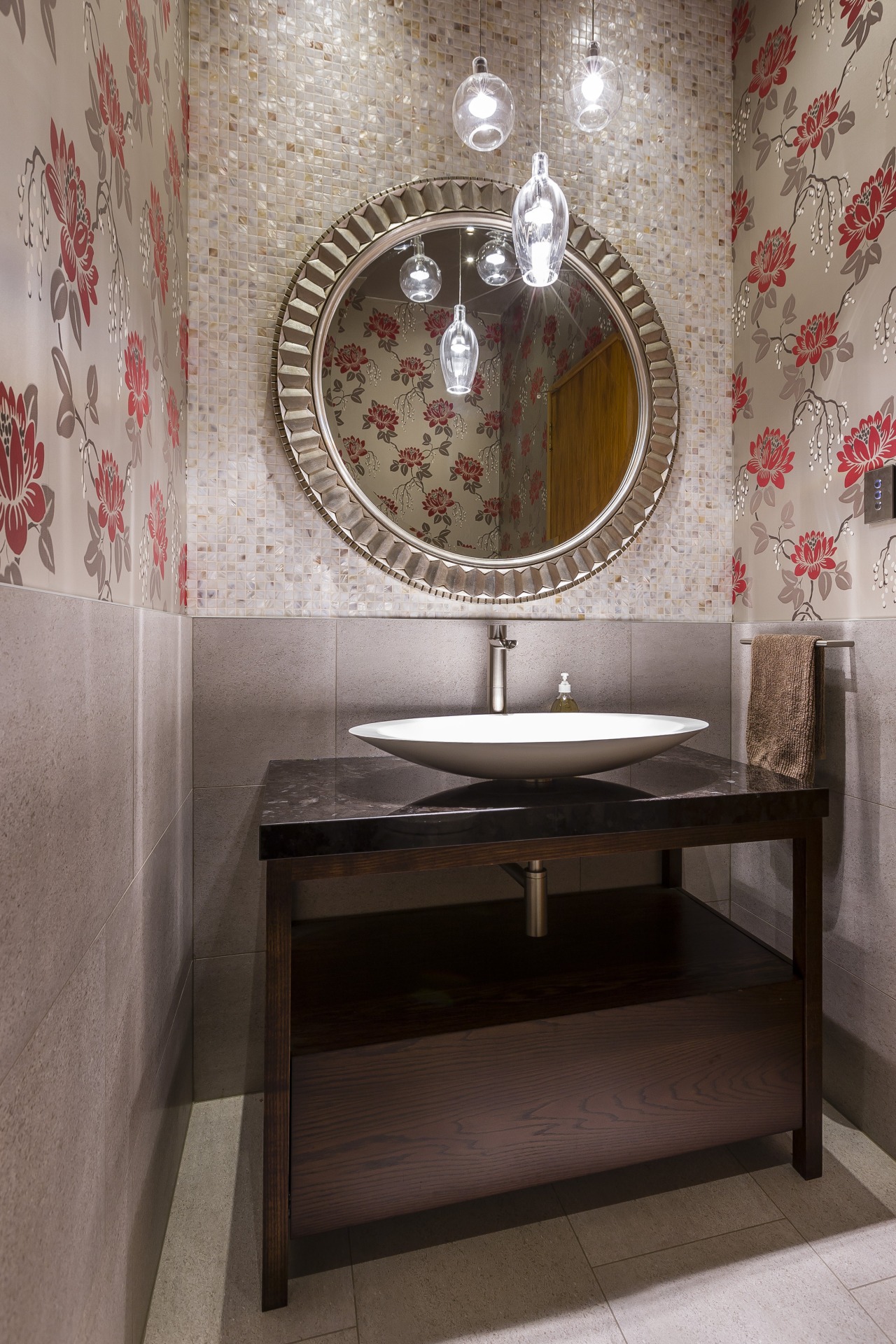 This powder room by designer Natalie Du Bois bathroom, ceramic, floor, flooring, interior design, room, sink, tile, wall, gray, black