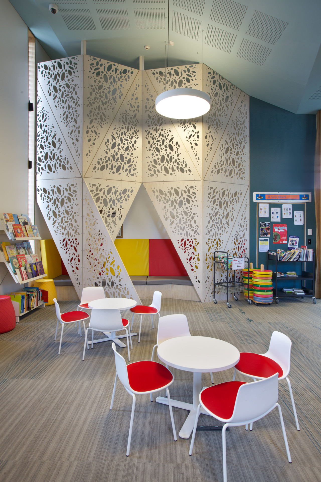 The Waiheke library provides a variety of seating architecture, ceiling, chair, furniture, interior design, room, table, wall, gray