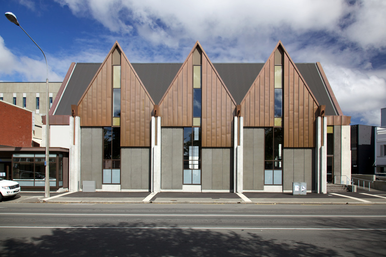 Pre-weathered copper clads the gables of Knox Church architecture, building, commercial building, facade, home, house, real estate, residential area, gray