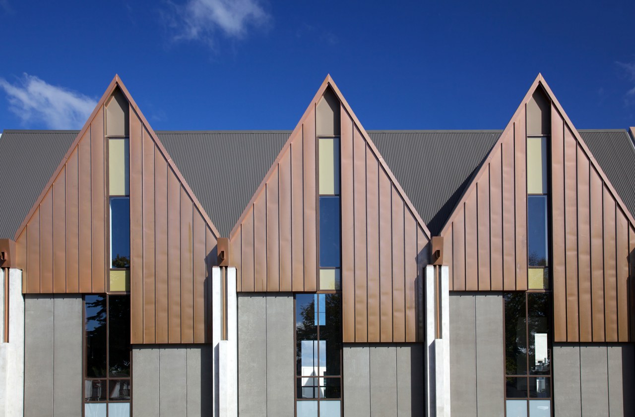 Seismic-engineered windows and doors in Knox Church were architecture, building, commercial building, daylighting, daytime, elevation, facade, home, house, line, real estate, residential area, roof, siding, sky, structure, window, gray, blue