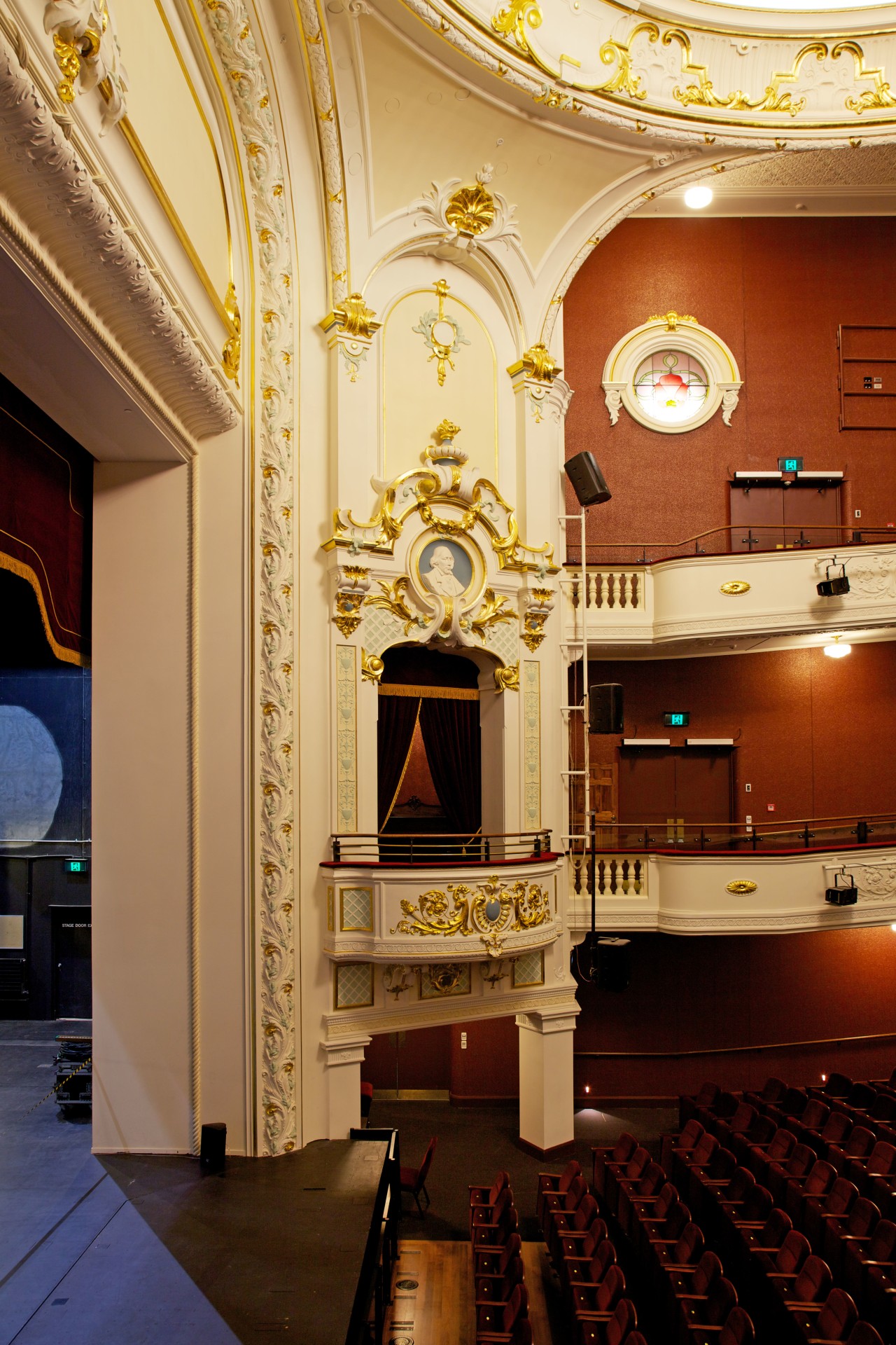 The heritage restoration of the decorative plasterwork at architecture, ceiling, column, furniture, interior design, lobby, orange, brown