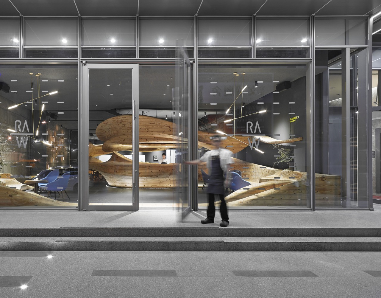 The centrepiece of Raw restaurant in Taipei is display window, glass, window, gray, black