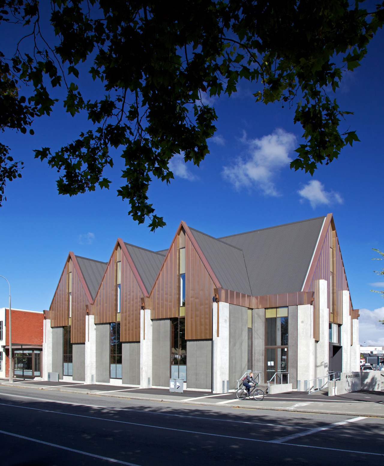 Knox Church in Christchurch features Colorsteel® Endura® roofing architecture, building, facade, home, house, real estate, residential area, sky, blue