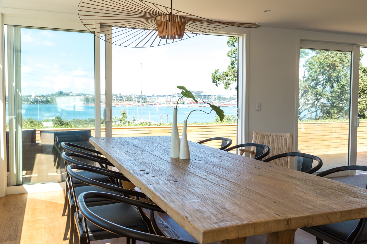 Dining room in renovated Devonport home with sea chair, dining room, estate, home, house, interior design, property, real estate, table, window, white