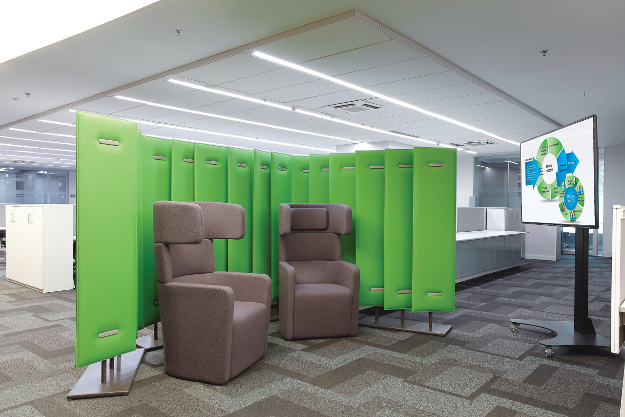 Breakout spaces and informal meeting areas in this ceiling, interior design, office, product design, gray