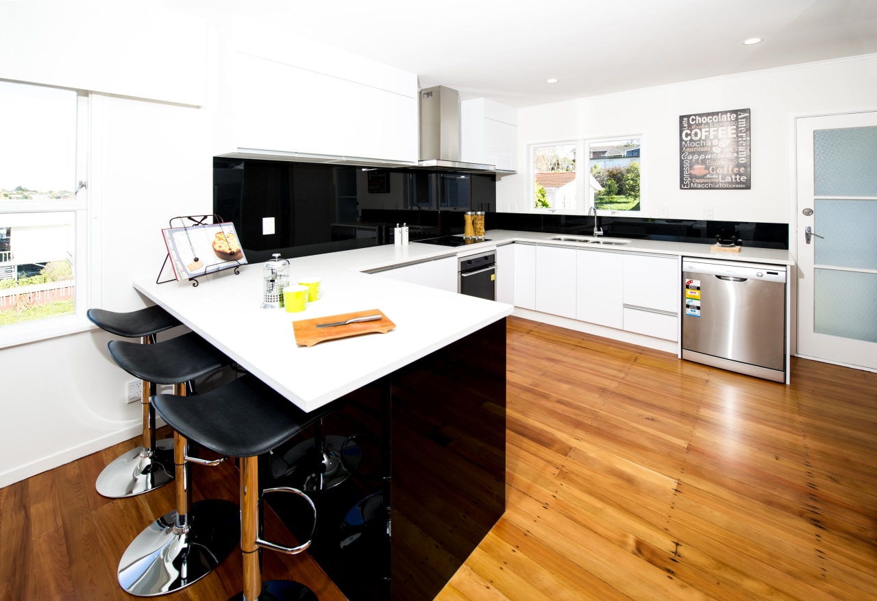 Back-painted black glass and white high-gloss acrylic with countertop, floor, hardwood, interior design, kitchen, real estate, room, wood flooring, white