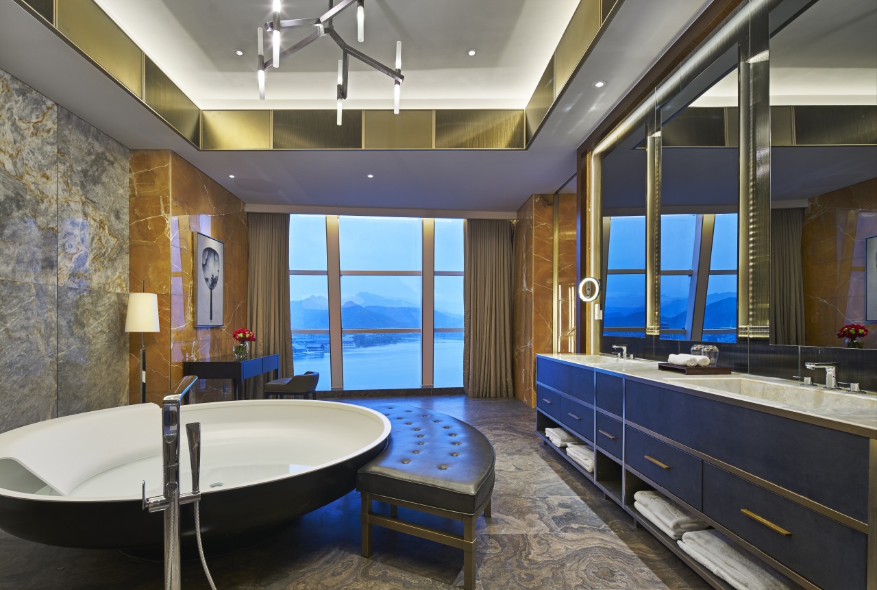 With many similar treatments to the bedroom, this architecture, bathroom, ceiling, estate, interior design, real estate, room, gray, black