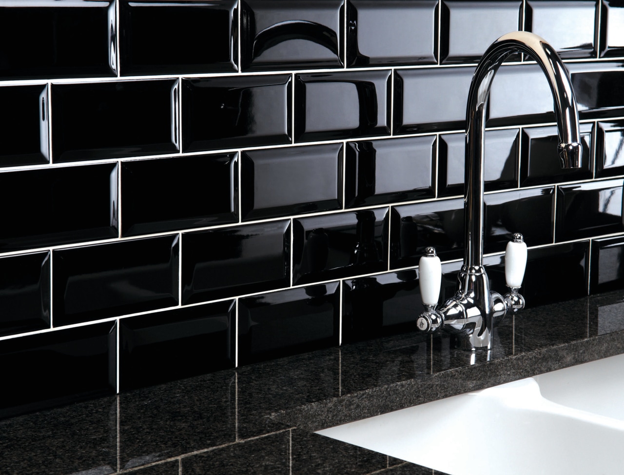 These sleek black tiles from Tile Trends create black, black and white, design, floor, flooring, furniture, glass, interior design, product design, tile, wall, black