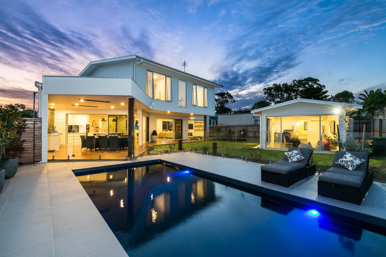 Narellan Pools offers a comprehensive range of contemporary, architecture, backyard, elevation, estate, facade, home, house, property, real estate, residential area, sky, swimming pool, villa, window, teal