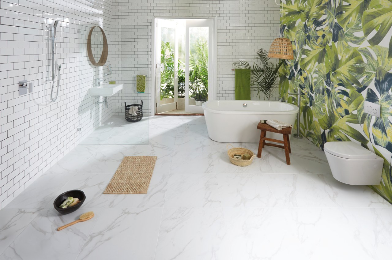 Light, breezy and packed with functionality, this bathroom bathroom, floor, flooring, home, interior design, property, room, tile, wall, white, gray