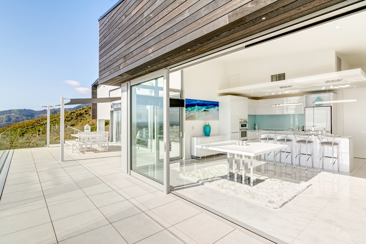 On this new home project, large sliders roll apartment, architecture, house, interior design, property, real estate, white