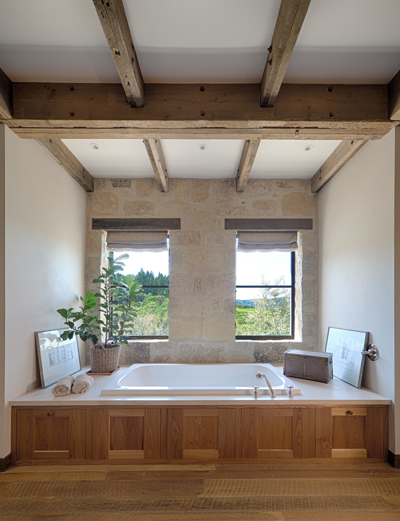 The bathroom on the second floor of the architecture, bathroom, ceiling, daylighting, estate, floor, home, interior design, room, window, wood, gray, brown