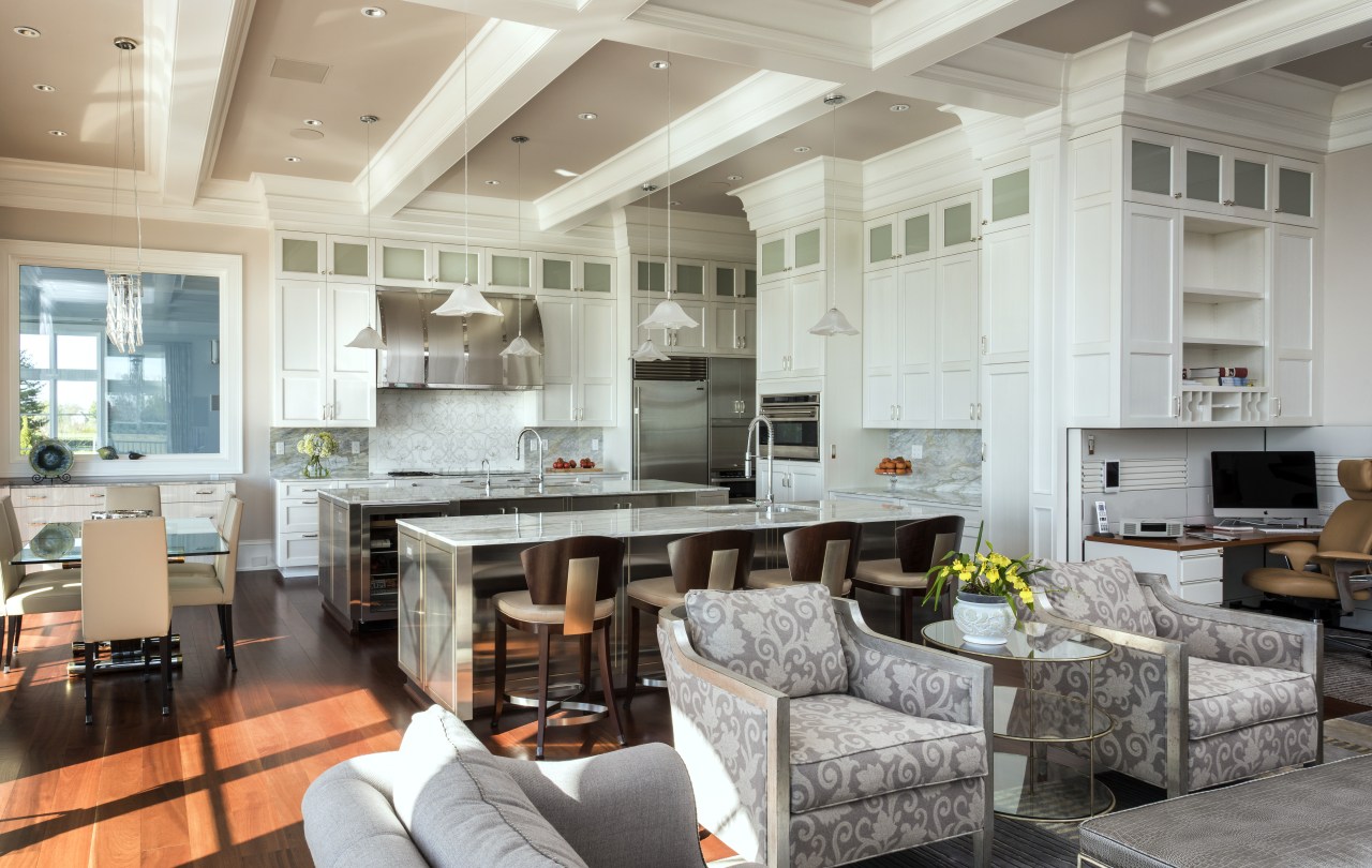 This kitchen by designer Shirley McFarlane has a ceiling, countertop, home, interior design, kitchen, living room, real estate, room, gray