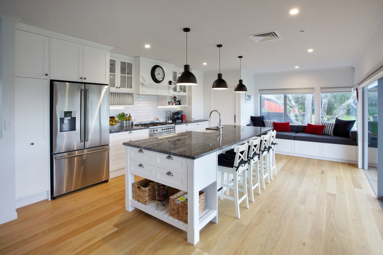 This kitchen design integrates with the wider space countertop, cuisine classique, floor, interior design, kitchen, real estate, room, gray