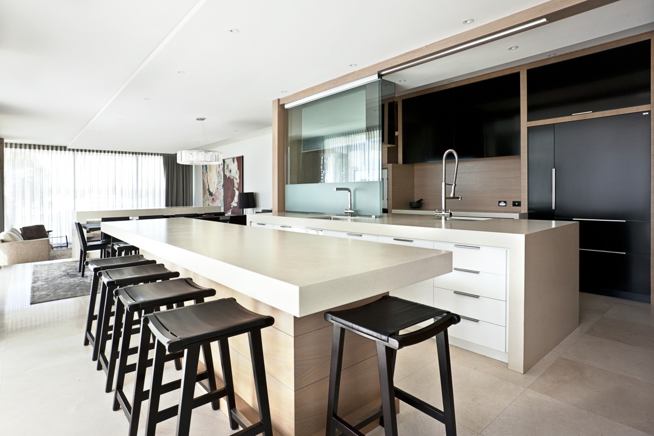 This kitchen by designer Leon House features suspended countertop, interior design, kitchen, real estate, white